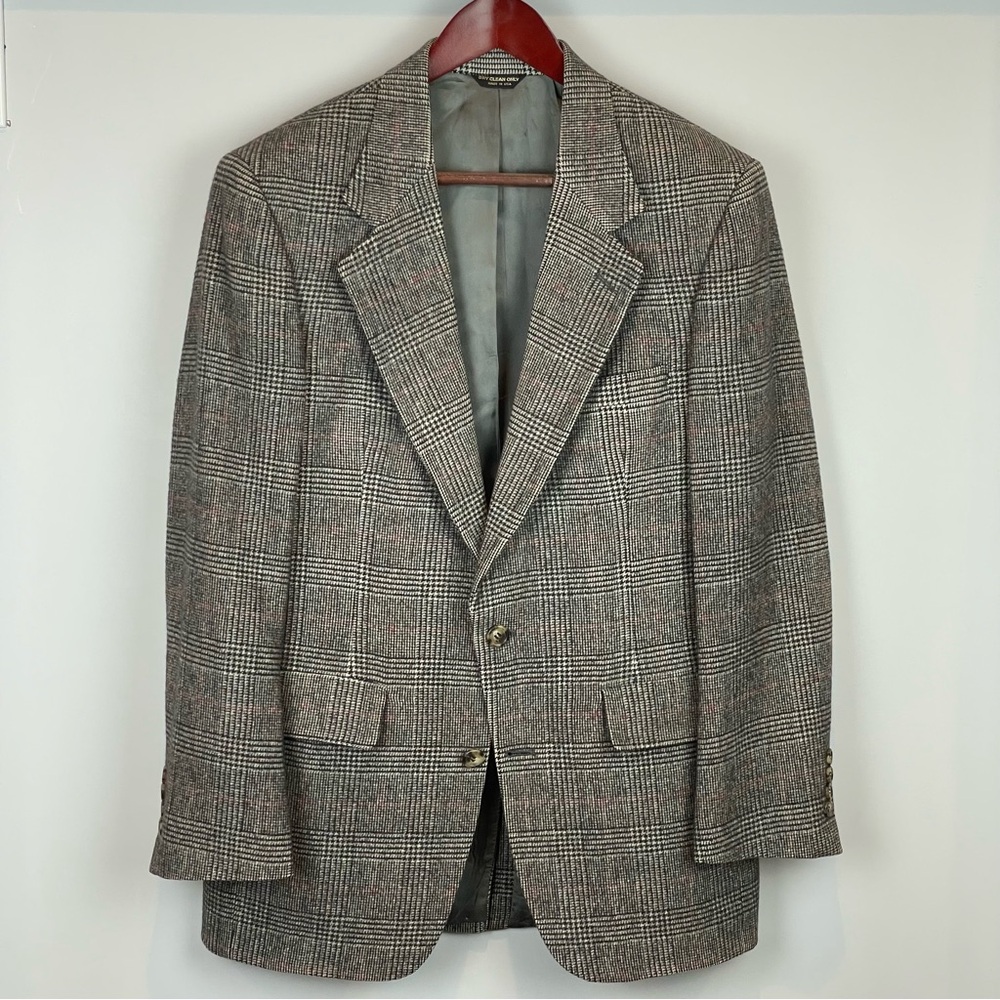 Barrister Camel Hair Sports Coat Blazer - 40S - Glen Plaid Gray with Red